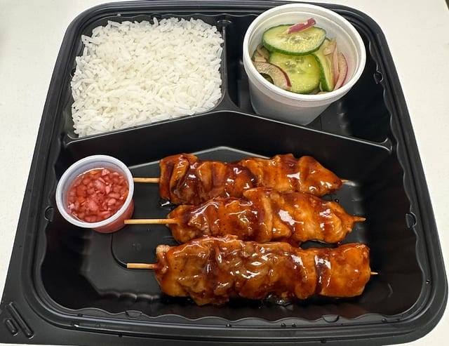 Combo 5: Chicken BBQ Stick with Steamed Rice and Cucumber Salad.