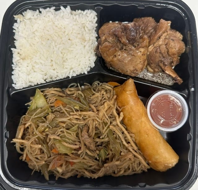 Combo 2: Pancit Canton with Chicken Adobo, Steamed Rice, and Pork Eggroll.
