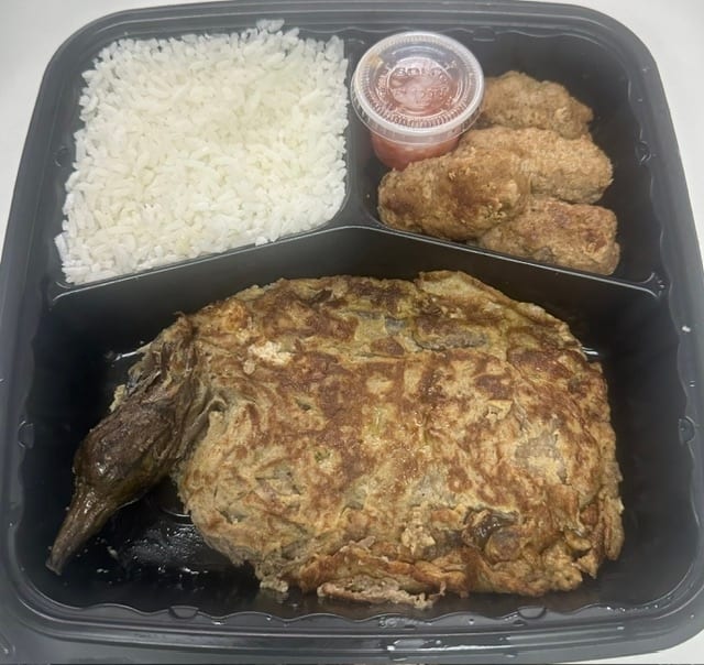 Combo 3: Eggplant Omellete (Tortang Talong) with Steamed Rice and Ilocano Langonisa.