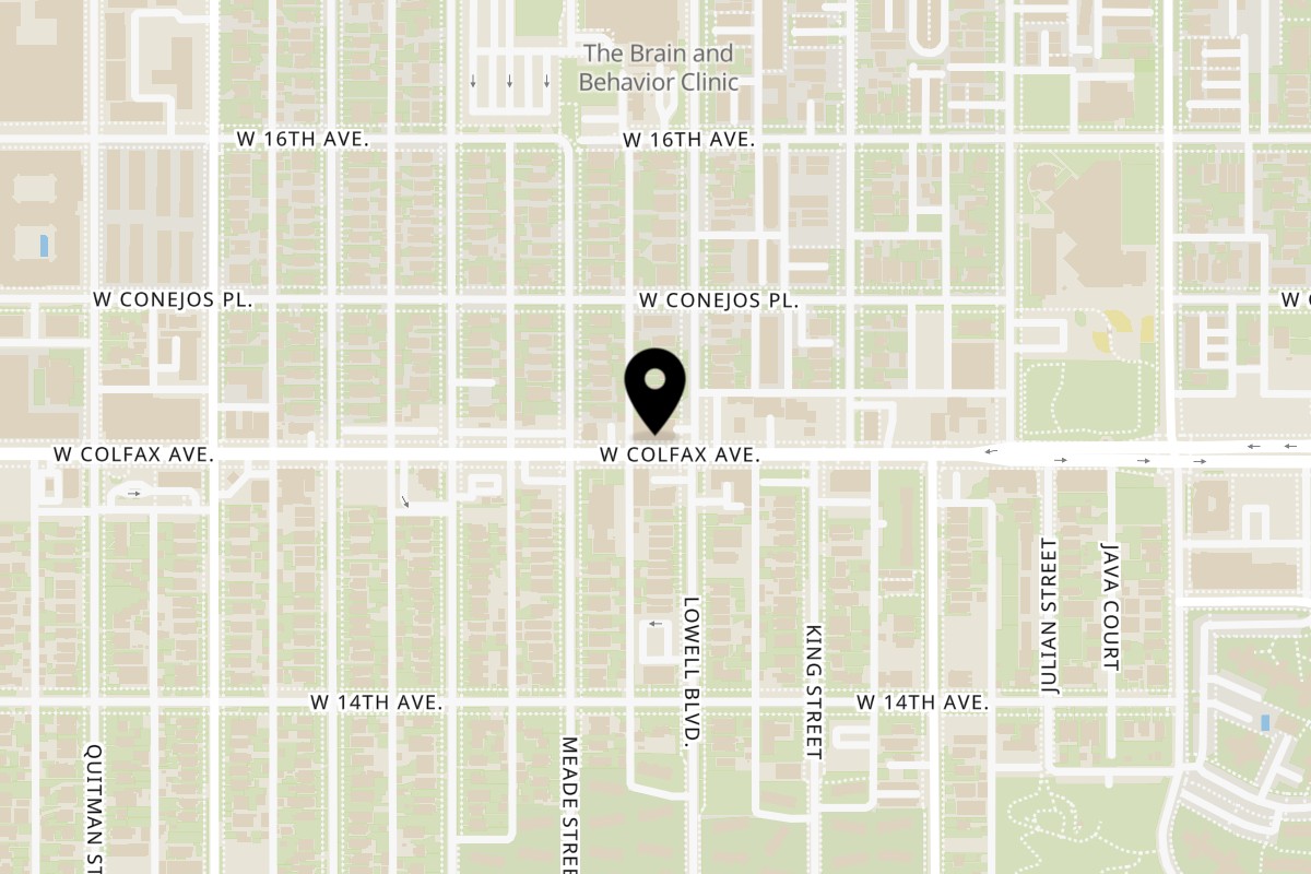 Map showing the location of Kersle Daily Delights on 3607 W Colfax Ave in Denver